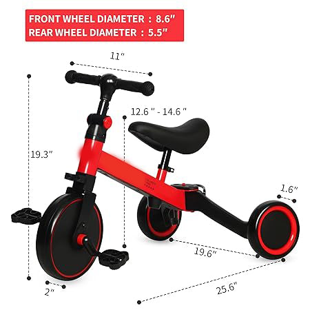 3-in-1 Kids Tricycle Toddler Bike | 3-Wheel Kids Trike for Boys & Girls with Adjustable Seat, Handlebar, and Removable Pedals (Red)