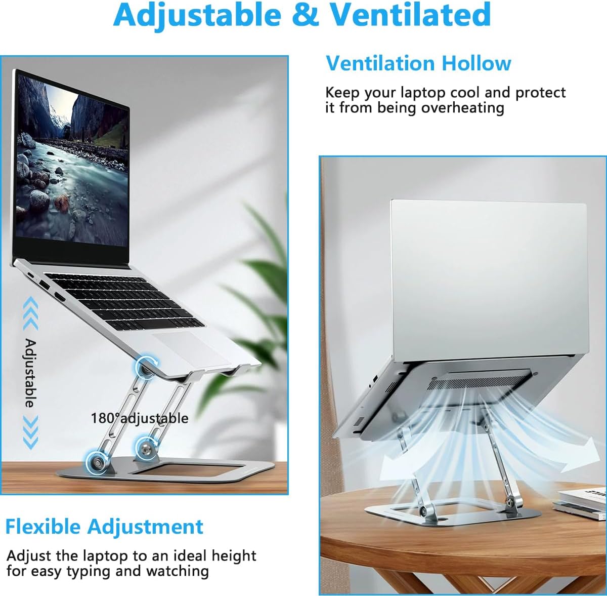 Adjustable Aluminum Laptop Stand - Ergonomic Foldable Riser for Desk, Notebook Computer Holder with Ventilation, Silver