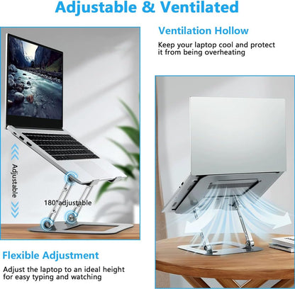 Adjustable Aluminum Laptop Stand - Ergonomic Foldable Riser for Desk, Notebook Computer Holder with Ventilation, Silver
