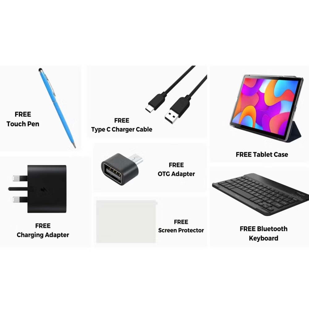 NEW TAB 12 Pro 10.1 Inch Android Tablet – IPS LCD, 8GB RAM + 512GB ROM, 5G Dual SIM, SD Card Support, 6000 mAh Battery, 8MP Front + 13MP Rear Camera, Octa Core 1.6GHz Processor, Android 13, Includes Keyboard, Touch Pen, OTG, and Flip Case