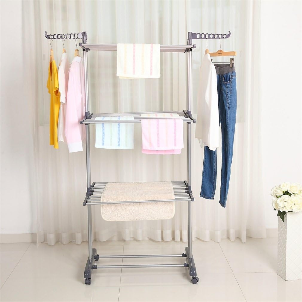 Foldable Rolling Laundry Drying Rack with Adjustable Shelves | Heavy-Duty Stainless Steel Rods | Compact Storage | 4-Tier Adjustable Height & Portable Design