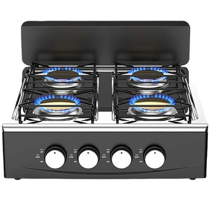 OE-441 European 4-Burner Gas Stove. Sabaf burners, pulse ignition & cast iron pan supports. For home & outdoor use.