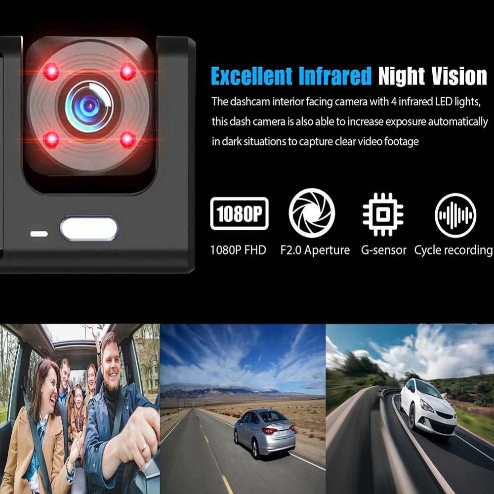4-Inch Triple-Lens WiFi Dash Cam - Front/Rear/Inside Recording, Mobile App Control, Night Vision & Parking Monitor