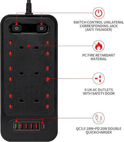 Universal 6-Way Power Outlet Strip with Fast Charging – US Plug (Black)