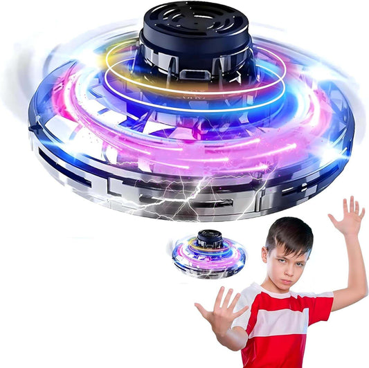 UFO Hand Controlled Mini Drone LED flying fidget spinner with 360° rotation. USB rechargeable toy for boys & girls.