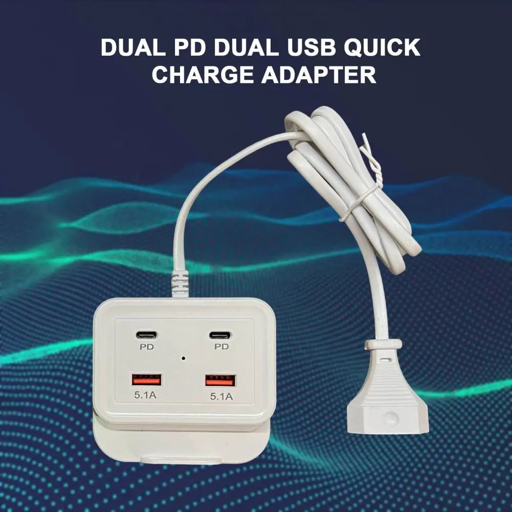 Intelligent USB Power Strip Plug with Dual PD & Dual USB Ports - 5.1A Multi-Port Fast Charging Power Supply | US/EU Plug, 4 USB Output Ports for Safe Charging | 100cm Wear-Resistant Extension Cable competible for iPhone, Android & Other Digital Devices