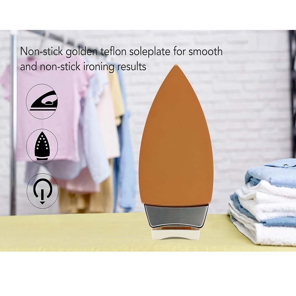 OE-21 Dry Iron with Teflon Coating. Suitable for all fabrics, ensuring smooth, scratch-free ironing. White and golden design.