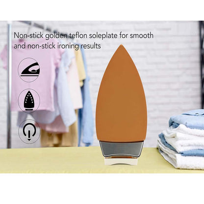 OE-21 Dry Iron with Teflon Coating. Suitable for all fabrics, ensuring smooth, scratch-free ironing. White and golden design.