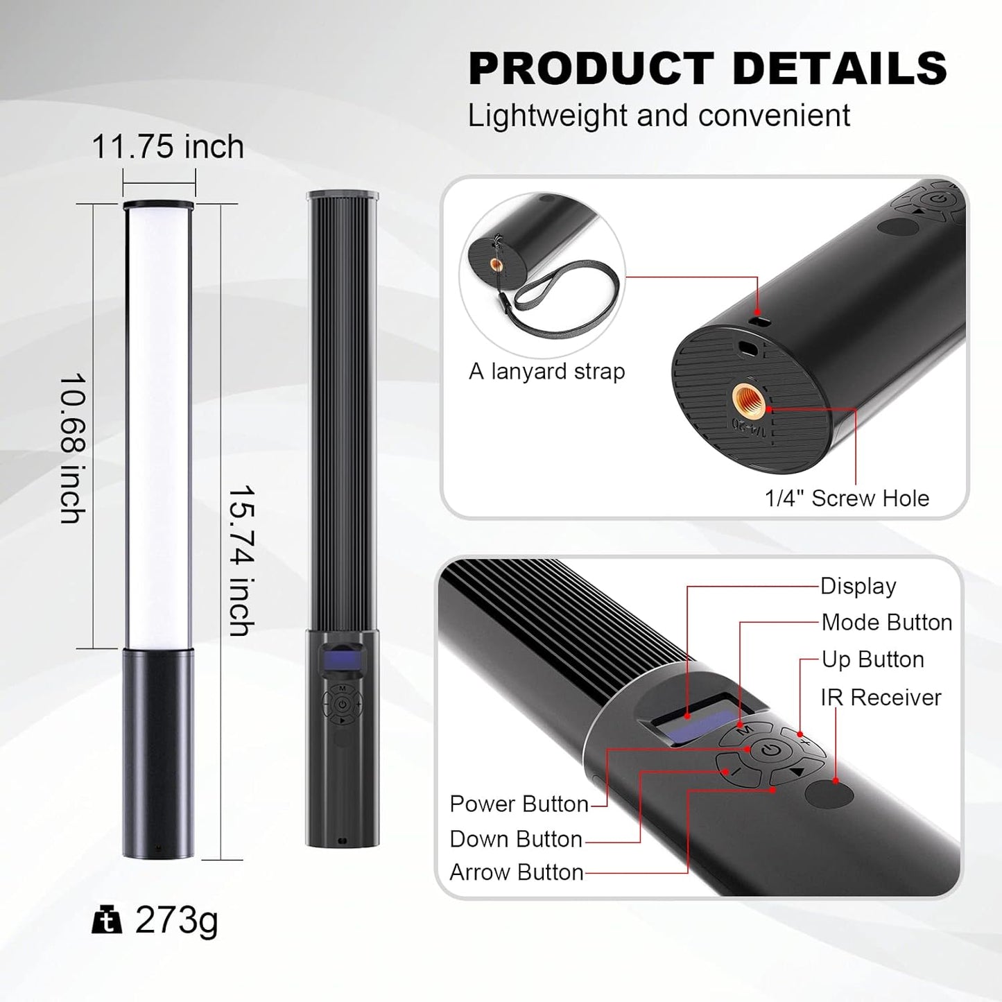 FM-128 RGB LED Light Wand - Adjustable Brightness & Color (2500K-6500K), 12 Light Scenes, Built-in Battery for Photography/Vlogging