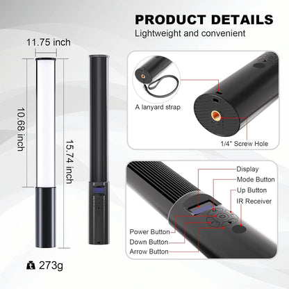 FM-128 RGB LED Light Wand - Adjustable Brightness & Color (2500K-6500K), 12 Light Scenes, Built-in Battery for Photography/Vlogging