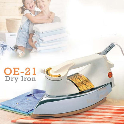 OE-21 Dry Iron with Teflon Coating. Suitable for all fabrics, ensuring smooth, scratch-free ironing. White and golden design.