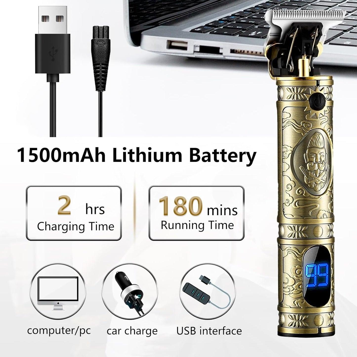 YACD D-044 Cordless Hair Clipper. Affordable elegant metal body, professional stainless blade, USB charging, 120-min runtime.