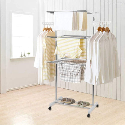 Foldable Rolling Laundry Drying Rack with Adjustable Shelves | Heavy-Duty Stainless Steel Rods | Compact Storage | 4-Tier Adjustable Height & Portable Design