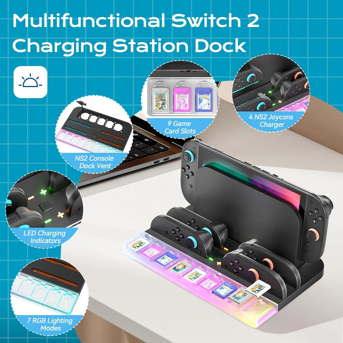 Switch 2 Charging Dock Station - Controller Charger with 7 RGB Lights, 9 Game Slots & Cooling Fan