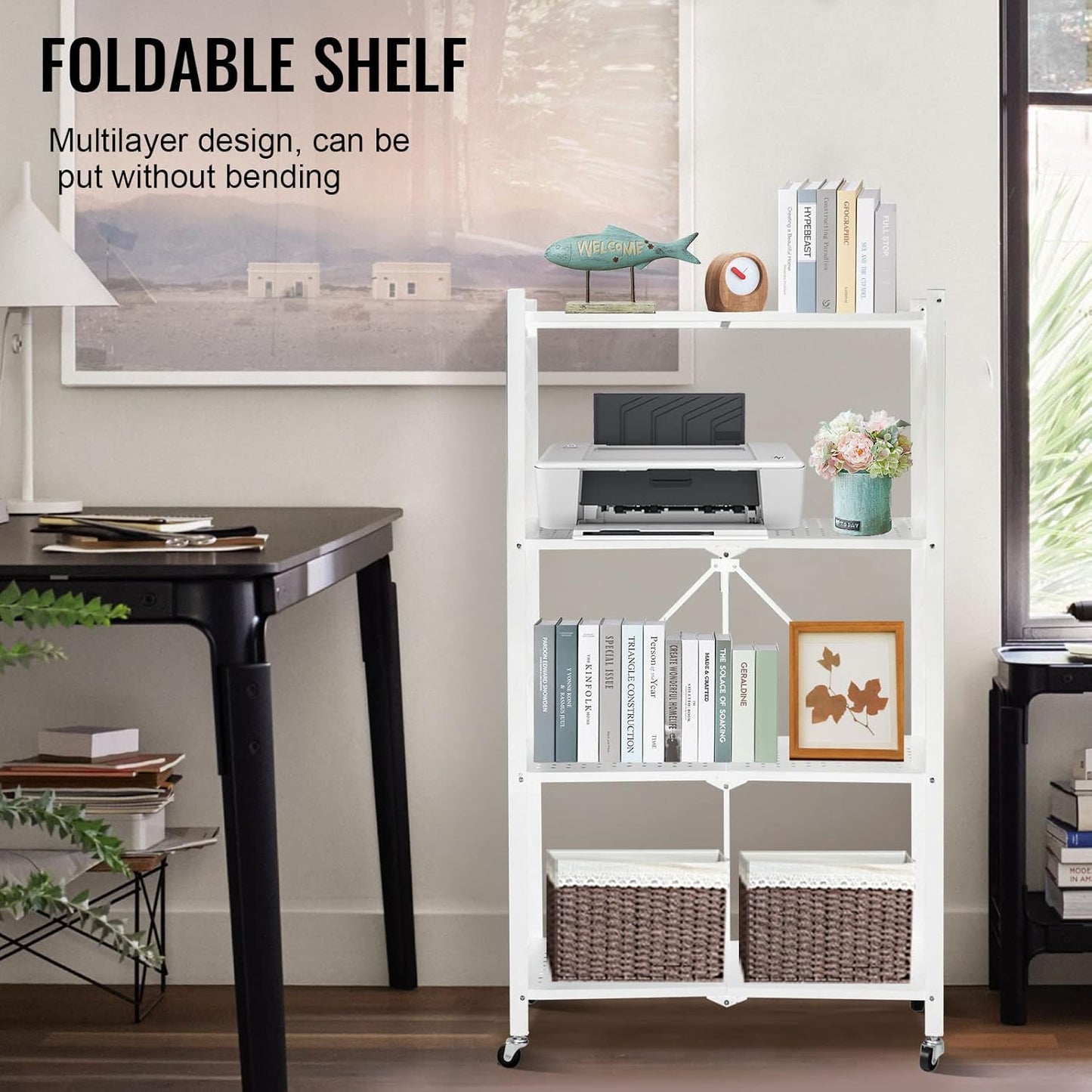 4-Layer White Mobile Folding Kitchen Storage Rack – No-Installation, Thickened Multi-Purpose Shelf (White)