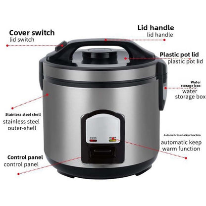 OE-400 2-Liter Mixed Rice Cooker. 2-in-1 rice cooker & steamer with non-stick pot, Cook/Warm functions. Silver & black.