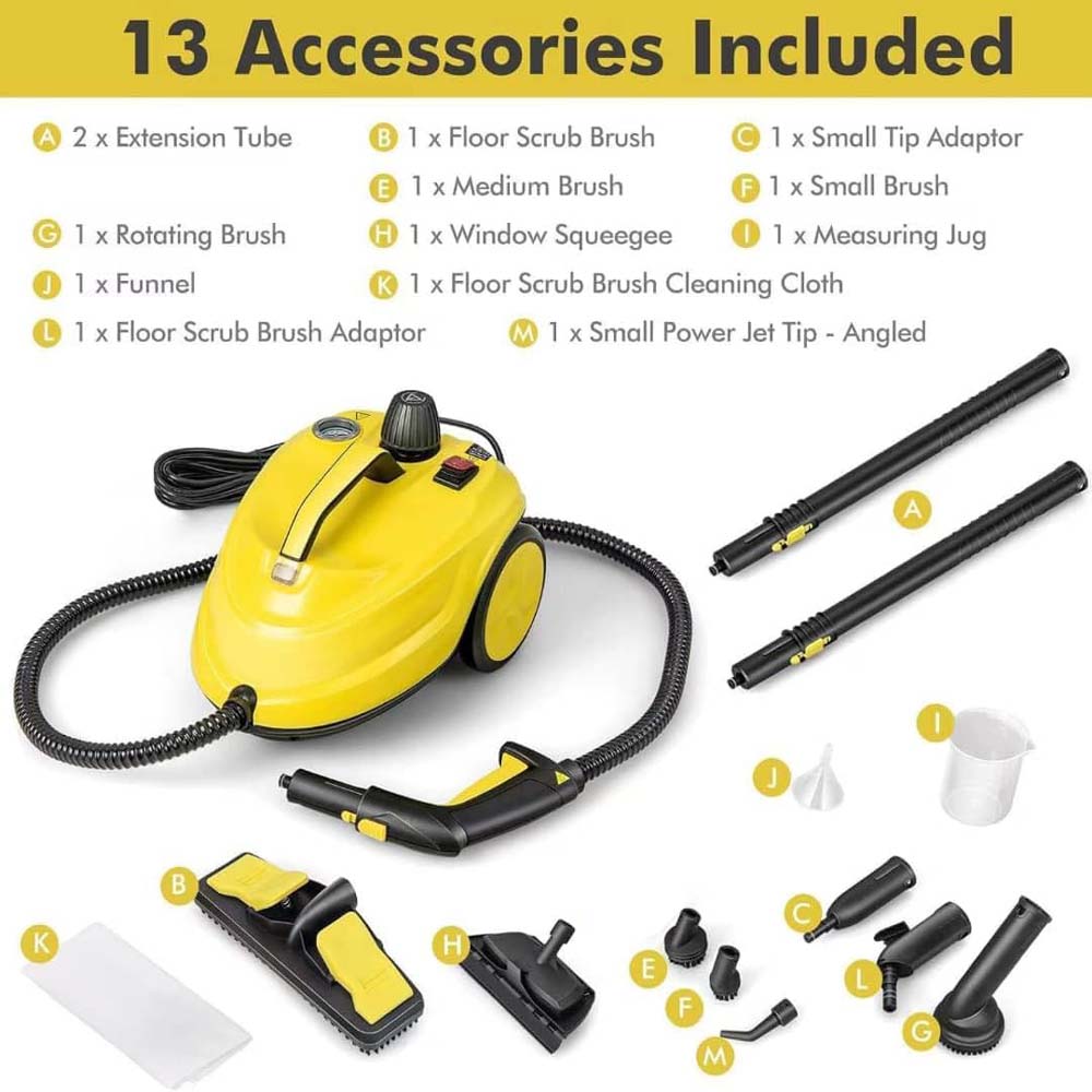 Pressurized Steam Cleaner 2000W. 2.0L tank with pressure gauge & German tech for carpets, cars & windows. Sanitizes & cleans.