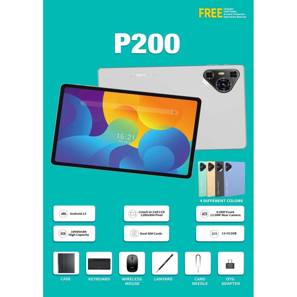 P200 11" Android 13 Tablet - 5G WiFi, Dual SIM, 8GB/512GB, 8000mAh, w/Keyboard & Mouse (Multi Colour)