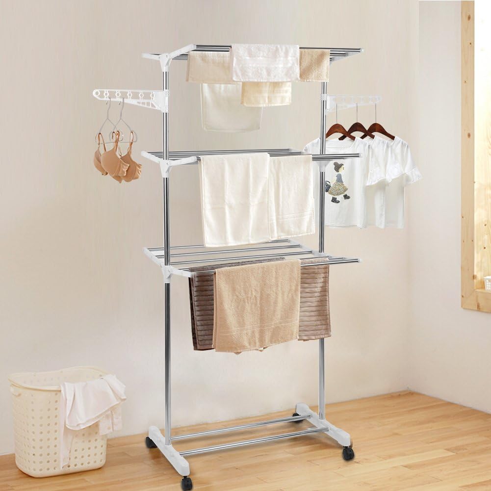 Foldable Rolling Laundry Drying Rack with Adjustable Shelves | Heavy-Duty Stainless Steel Rods | Compact Storage | 4-Tier Adjustable Height & Portable Design