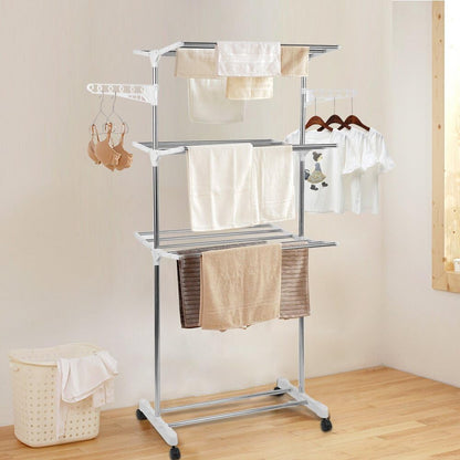 Foldable Rolling Laundry Drying Rack with Adjustable Shelves | Heavy-Duty Stainless Steel Rods | Compact Storage | 4-Tier Adjustable Height & Portable Design