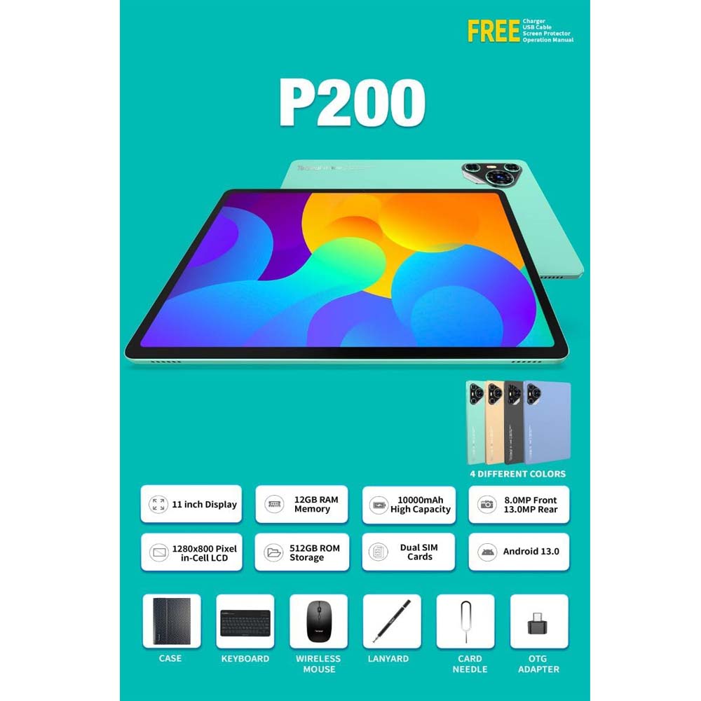 P200 11" Android 13 Tablet - 5G WiFi, Dual SIM, 8GB/512GB, 8000mAh, w/Keyboard & Mouse (Multi Colour)