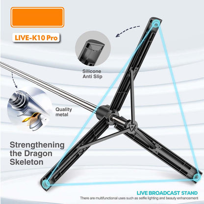 Live K10 PRO 6.5 Feet Tripod Stand Selfie Stick with 2 Chargeable Lights, Bluetooth Remote, 360° Rotatable, Compitable for DSLR, Smartphone, Vlogging, YouTube