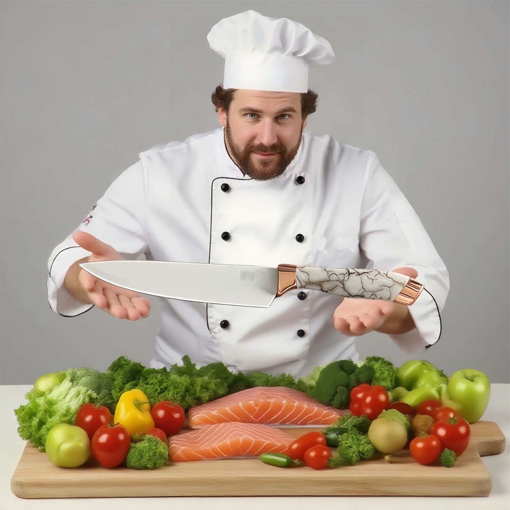 9-Piece White Kitchen Knife Set Ultra-sharp non-stick blades with cracked handle design & acrylic stand. Perfect gift set.