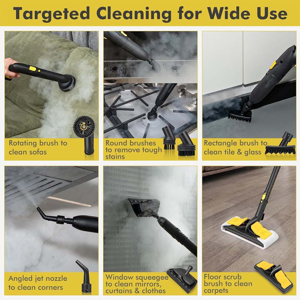 Pressurized Steam Cleaner 2000W. 2.0L tank with pressure gauge & German tech for carpets, cars & windows. Sanitizes & cleans.