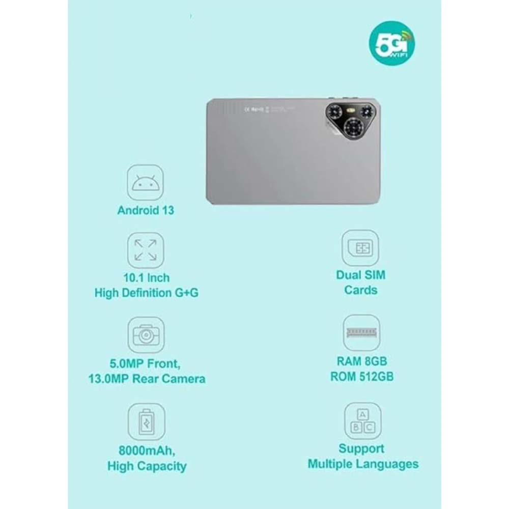 P200 11" Android 13 Tablet - 5G WiFi, Dual SIM, 8GB/512GB, 8000mAh, w/Keyboard & Mouse (Multi Colour)