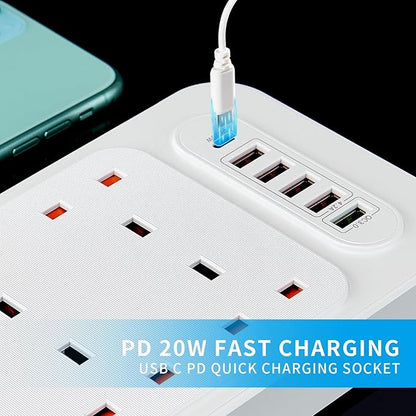Universal 6-Way Power Outlet Strip with Fast Charging – US Plug (Black)