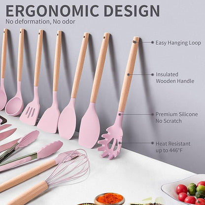 19-Piece Silicone Cooking Utensils & Knife Set with Block | Includes 11 Silicone Utensils, 5 Stainless Steel Knives, Scissors, Cutting Board | Pink