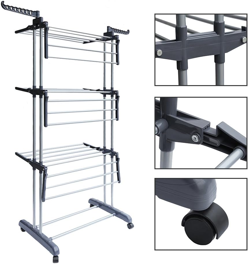 Foldable Rolling Laundry Drying Rack with Adjustable Shelves | Heavy-Duty Stainless Steel Rods | Compact Storage | 4-Tier Adjustable Height & Portable Design