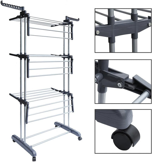 Foldable Rolling Laundry Drying Rack with Adjustable Shelves | Heavy-Duty Stainless Steel Rods | Compact Storage | 4-Tier Adjustable Height & Portable Design