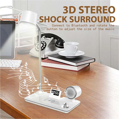 LED Desk Lamp with Wireless Charger, Bluetooth Speaker, Clock & Night Light - Modern Multifunctional Touch Control Design