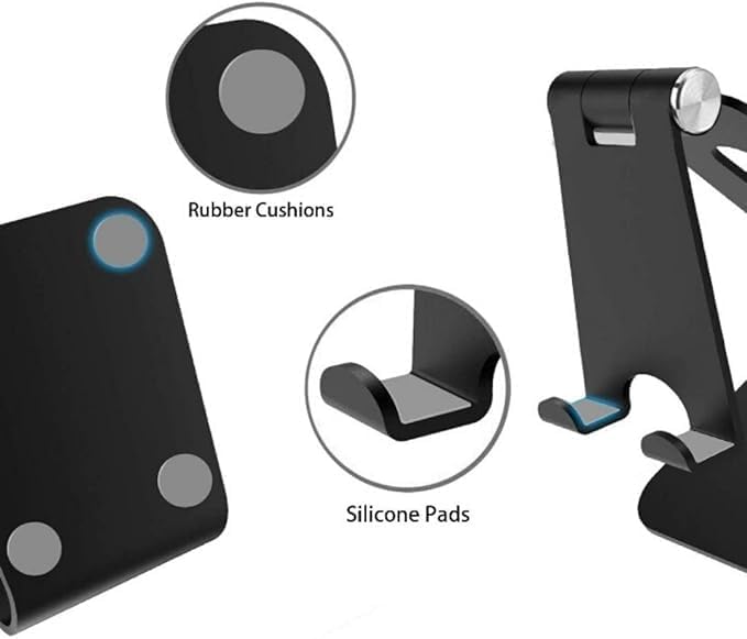 Fully Foldable Adjustable Cell Phone Stand | Desktop Phone Holder Cradle Dock for iPhone, iPad, Nintendo Switch, and Tablets (7-10") | Black