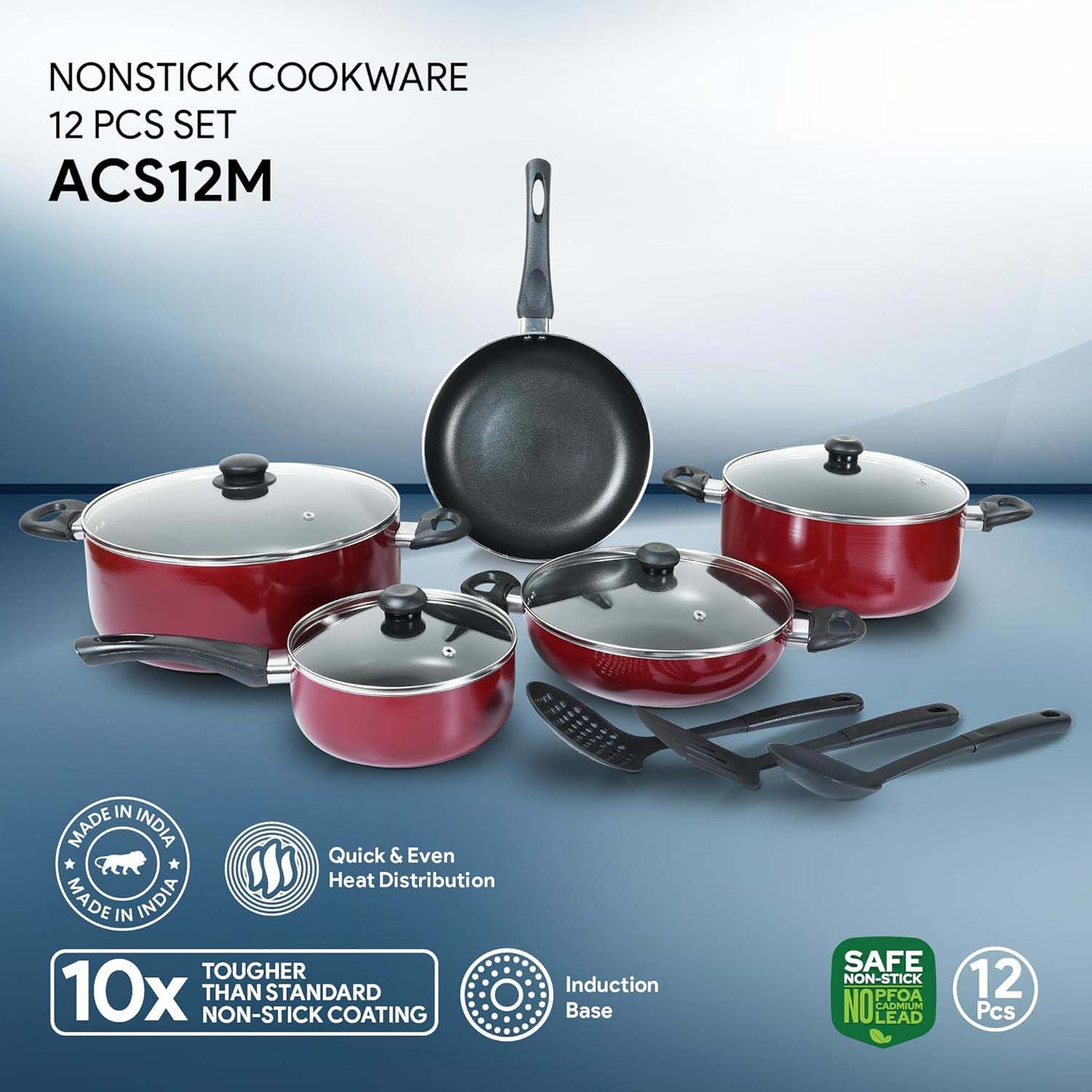 9-Piece Non-Stick Cookware Set - Cast Aluminum Casserole, Kadai, Frypan, Milkpan with Glass Lids & Nylon Spatulas, Heat-Resistant