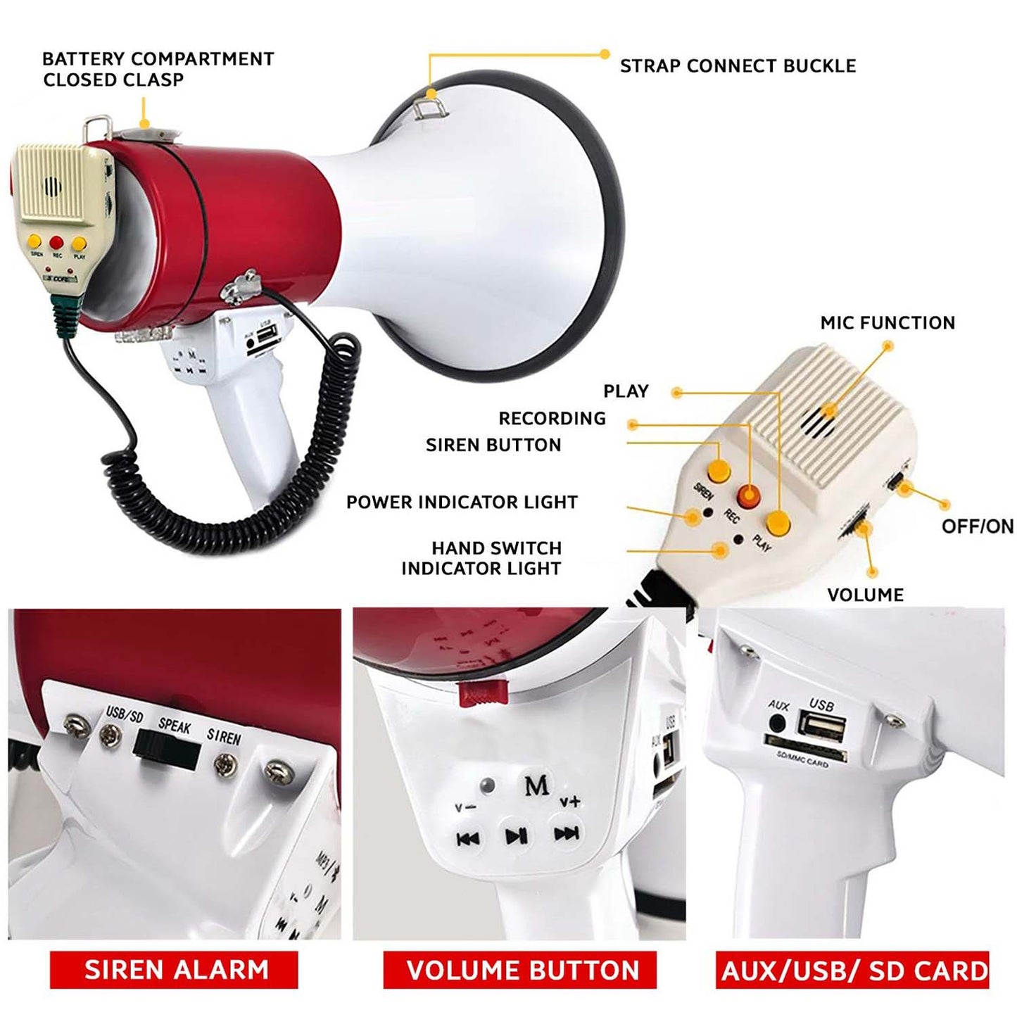 Portable Handheld Megaphone 50W high-power speaker with built-in siren & recording function for clear, long-range communication.