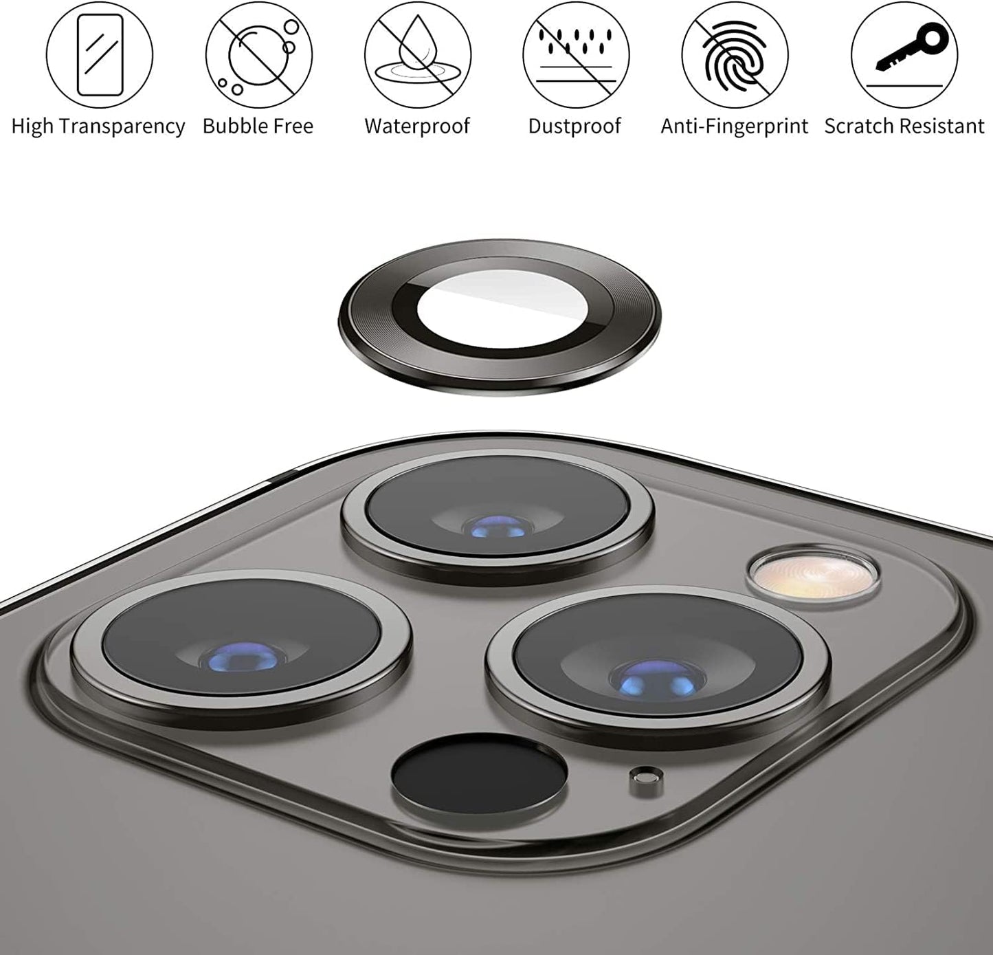 Camera Lens Protector for iPhone 13 Pro (6.1") and iPhone 13 Pro Max (6.7") – 9H Tempered Glass, Metal Individual Ring Cover, HD Clear, 1 Set