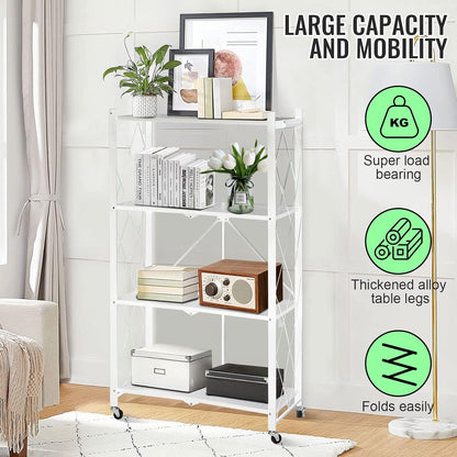 4-Layer White Mobile Folding Kitchen Storage Rack – No-Installation, Thickened Multi-Purpose Shelf (White)