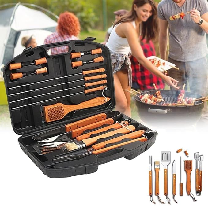 BBQ Tool Set 18-Piece | Stainless Steel with Wooden Handles | Ideal Christmas or Birthday Gift for Men, Dad, and Women