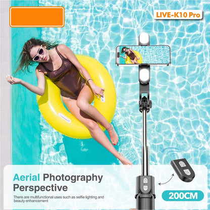 Live K10 PRO 6.5 Feet Tripod Stand Selfie Stick with 2 Chargeable Lights, Bluetooth Remote, 360° Rotatable, Compitable for DSLR, Smartphone, Vlogging, YouTube