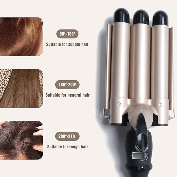 3-Barrel Ceramic Hair Curler Wand – Waver Curling Iron with LCD Display and 14 Adjustable Temperatures (80-210°C)