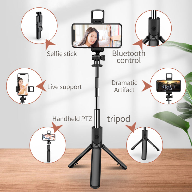 Selfie Stick Tripod with Wireless Remote & 360° Rotation, Mini Extendable Selfie Stick Stand Holder with LED Fill Light, Perfect Compitable for iPhone & Android Smartphones, Compact & Portable for Travel, Vlogging, and Live Streaming