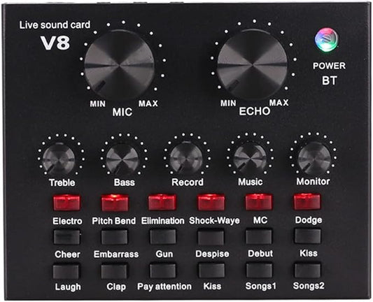 V8 Sound Card for Live Streaming | Voice Changer Sound Card with Effects | Bluetooth Audio Mixer for Music Recording, Karaoke, Podcasting | 1200mAh Battery for Cell Phone, iPhone, PC, Type-C