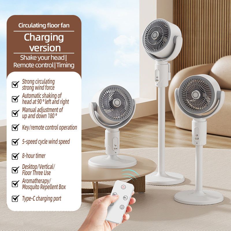 5-Speed Floor Fan - Adjustable Height, Rechargeable, Timer Control, 90° Oscillation for Whole Room Air Circulation