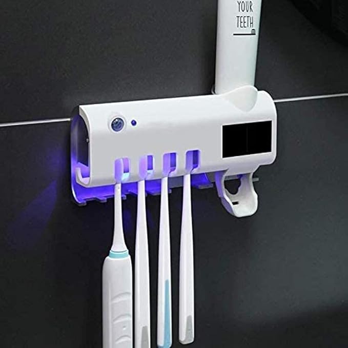 3-in-1 Intelligent Photosensitive Toothpaste Dispenser | Wall Mounted USB Rechargeable Solar Power Toothbrush Holder (White)