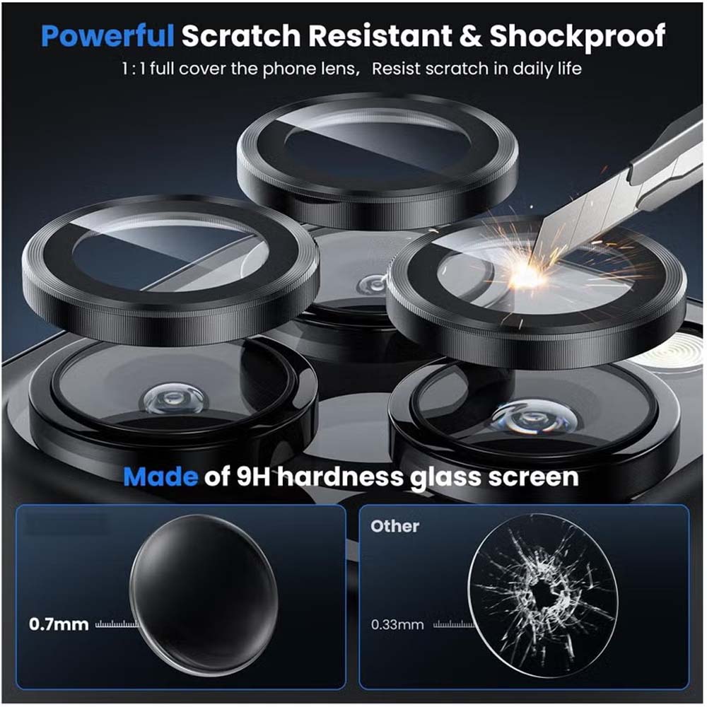 iPhone 14 Pro Max/15 Pro Camera Lens Protector - 3-Pack 9H Tempered Glass with Aluminum Alloy Ring (Black )