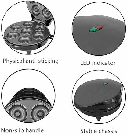 Mini Donut Maker Machine – Kid-Friendly Breakfast and Snack Maker with Non-Stick Surface, Delightful Donut Print Design, Makes 7 Doughnuts (Multi)