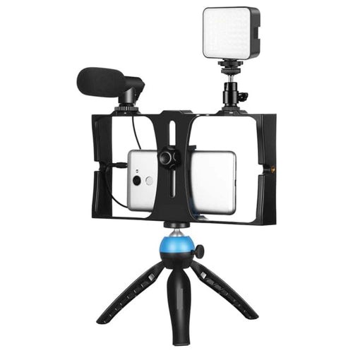 4-in-1 Vlogging Live Broadcast LED Selfie Fill Light Kit – Smartphone Video Rig with Microphone, Tripod Mount, and Cold Shoe Tripod Head - Blue