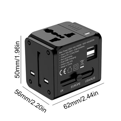1500W Max Power Socket Plug for Home Appliances, 6-in-1 Universal Travel Adapter with US/EU/UK/AU Plugs, Multi-Device Charging Solution for International Travel